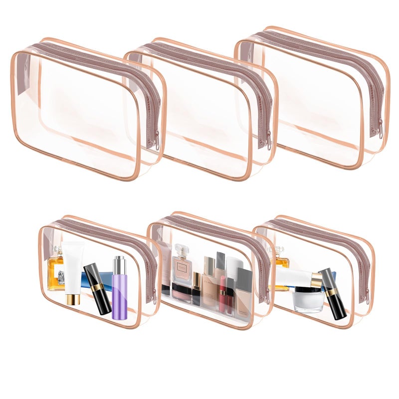 AURUZA 6 Pack Travel Toiletry Bag, Clear Makeup Bag, TSA Approved Cosmetic Bag with Zipper, Clear Organizer Carry on Bag for Women, PVC Cosmetic Pouch (Rose Pink, 6 Packs) - Image 1
